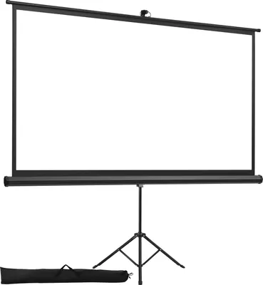 A black tripod projection screen with a white screen surface, set against a white background. A black carrying bag is placed on the floor in front of the tripod.