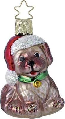 Produktbild von Christbaumschmuck Welpe mit Weihnachtsmütze Glas 7cm braun, 1 Stück