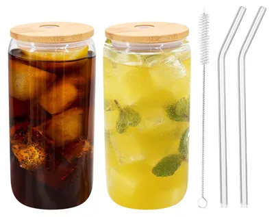 Produktbild von Bambusdeckel Trinkgläser im Dosenformat mit Strohhalmen - 500 ml Set von 2