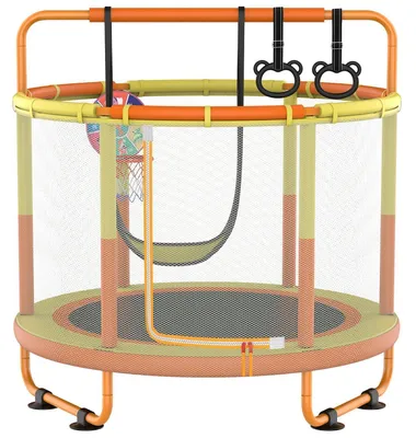 Obrázok produktu pre Trampolína pre deti s basketbalovým košom, hojdačka a kruh na preliezanie, vhodná pre vnútorné aj vonkajšie použitie, žlto-oranžová