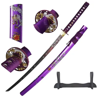 Immagine prodotto di Oggetto da collezione giapponese: katana in acciaio 1095 color viola con saya, supporto da esposizione e confezione regalo | Decorazione ed esposizione | Stanza dei giochi GXSW-04