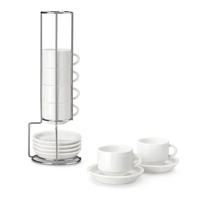 Obrázek produktu pro MALACASA 4dílná sada šálků, porcelánová sada na espresso, kávový šálek s podšálkem, kovový stojan, 90 ml, bílá
