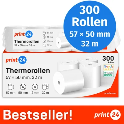 Produktbild von NEU: print24 Thermorollen / Kassenrollen, 300 Rollen, 57mm x 50mm x 12mm, 32m, , PEFC , BPA-frei, für EPSON, IBM u.v.m