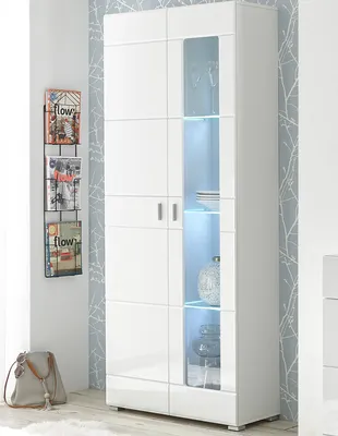 Produktbild von Ella I Standvitrine Modern Weiß Hochglanz aus Spanplatte, MDF, Glas, 194x80x35 cm, mit Kalt-Weiß-Beleuchtung