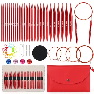 Image de Aiguilles à tricoter circulaires interchangeables avec étui et accessoires, 13 paires, en métal, rouge
