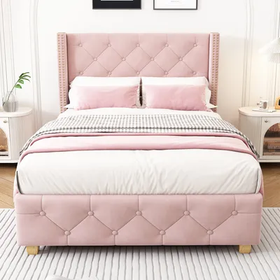 Produktbild von MODFU Polsterbett 90×200cm mit Lattenrost und Kopfteil, Einzelbett Jugendbett mit Holzbeine, Samt, Rosa(Ohne Matratze)