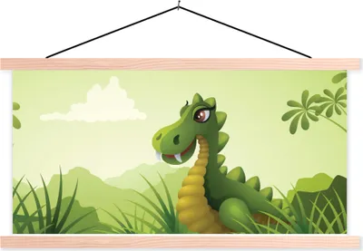 Produktbild von MuchoWow® Textilposter Dino - Wald - Zeichnung 60x30 cm mit holzfarbenen Rahmen - Dekoration