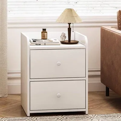 Image de Table de chevet pour lit à sommier tapissier, blanche, 2 tiroirs, en bois, 40 x 35 x 50 cm