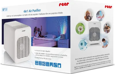 The image shows the retail packaging of a reer 4in1 Air Purifier, featuring product images and descriptive text.