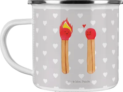Produktbild von Mr. & Mrs. Panda Emaille Tasse Streichhölzer - Grau Pastell - Geschenk, Liebesbeweis, becher, Pott, Blechtasse, Teetasse, Freundin, Liebesgeschenk