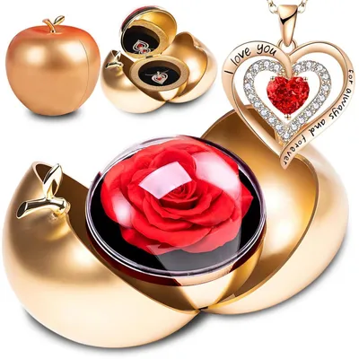 Immagine prodotto di Rosa conservata con scatola gioielli a forma di cuore e collana