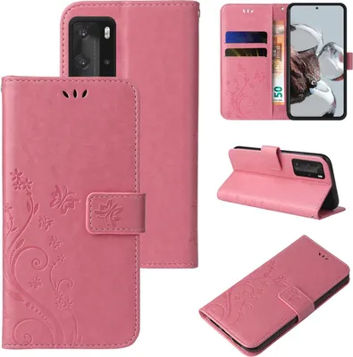 Produktbild von Handyhülle für Huawei P40 Pro Floral Blumen Schmetterling Flip Cover Hülle Case Klapphülle Handytasche Farbe: Rosegold