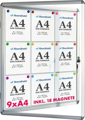 A display case with multiple A4 sized inserts, showing a product advertisement.