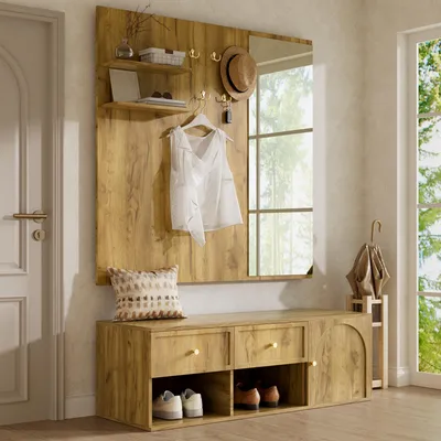 Produktbild von Merax Garderobenset, Wandgarderobe mit Spiegel, Sitzbank, 5 Haken, Schubladen und Schuhablage, Garderobenständer, Flurmöbel mit Stauraum, Natur