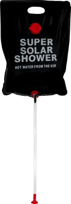 A black solar shower bag with a hose and nozzle, set against a white background.