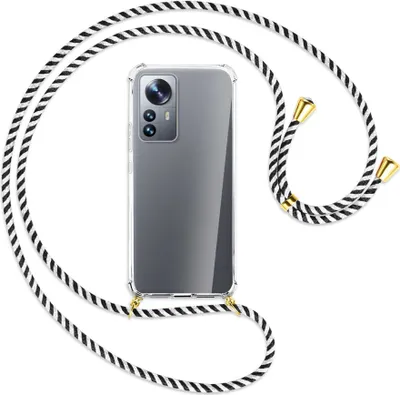 Produktbild von Handykette Backcover-Schutzhülle mit Band (Metall goldfarben) für Xiaomi 12 Pro - schwarz/weiß gestreift