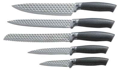 Produktbild von 6tlg. Messerblockset KING® CARBON DIAMOND Messerklingen mit Rautenstruktur plus Messerblock / Größen: 20cm Kochmesser, 20cm Ausbeinmesser, 20cm Brotmesser, 12.5cm Universalmesser & 8.5cm Gemüsemesser