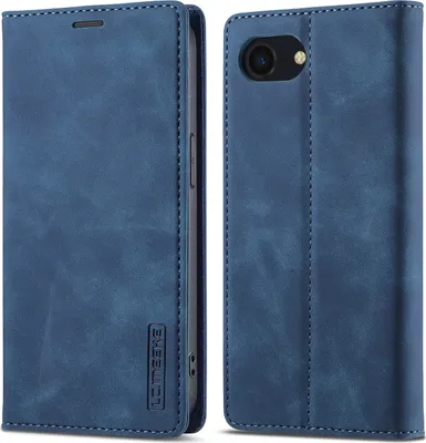 A blue leather flip case for a smartphone is shown from two angles, one closed and one open to reveal the phone's camera.