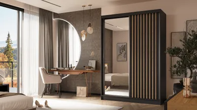 Produktbild von ALTDECOR Kleiderschrank mit Spiegel und Schiebetüren, kugelgelagerte Führungsschienen und Aluminium-Leisten - LAMELO - 150 cm - Schwarz/Schwarz/Artisan