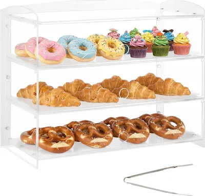 Obrázek produktu pro VEVOR Vitrína na pečivo, 3patrová, komerční pekařská vitrína z průhledného akrylu, pultová vitrína s výklopnými dvířky a odnímatelnou přepážkou na sušenky, dezerty a koblihy, 482 x 232 x 380 mm