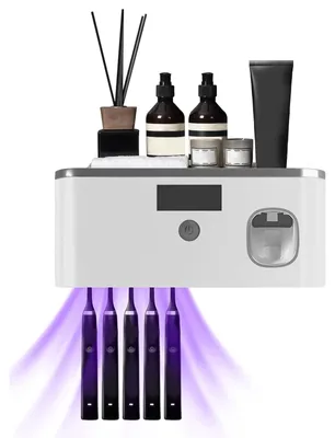 Produktbild von UV-Zahnbürste Sanitizer,Elektrischer Wand Montierter Zahnbürstenhalter mit Zahnpastaspender und 5 Zahnbürstenhalters,UV-Zahnbürstenhalter Desinfektionsmittel, Aufladen über USB und Solarstrom(Grau)