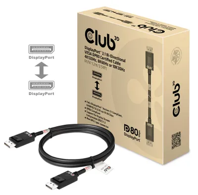 Image de Club3d CLUB3D Câble DisplayPort 2.1 bi-directionnel  VESA DP80 4K240Hz, 8K60Hz ou 10K30Hz M/M 1.2m/3.94ft