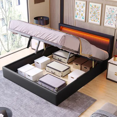 Produktbild von okwish Polsterbett 140x190 Jugendbett mit Lattenrost und Stauraum,Bettgestell ohne Matratze,mit farblich abgestimmter Beleuchtung,aus PU,schwarz