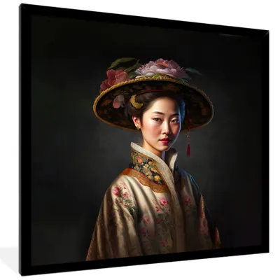 Produktbild von MuchoWow® Gerahmtes Poster Frau - Porträt - Blumen - Hut - Asiatisch 40x40 cm - Poster mit Schwarzem Bilderrahmen Wandposter Rahmen Foto Bilder - Mit Rahmen - Wanddekoration Schlafzimmer