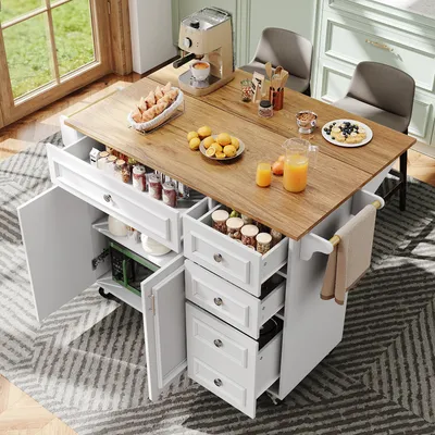 Produktbild von Multifunktionale Kücheninsel Weiß (110x45-75 cm) mit klappbarer Tischplatte, Mobiler Küchenschrank & Servierwagen mit Vintage-Prägung, Flexibler Esstisch mit Stauraum & Metallgriffen