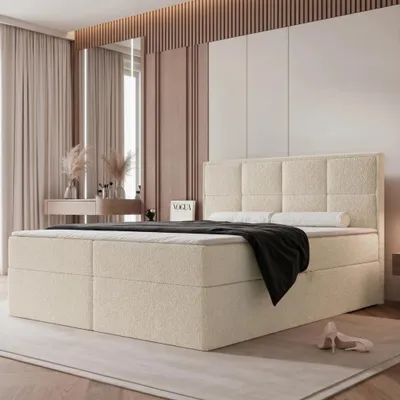 Productafbeelding van Boxspringbed TIOLI 180x200, bed met paneeloptiek, bedopslagen, Bonell-matras, bouclé stof, beige kleur