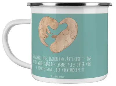 Produktbild von Mr. & Mrs. Panda Haferl 6. Hochzeitstag Zuckerhochzeit - Meeresbrise - Geschenk, Pott, Heiraten, becher emaille, Hochzeitsjubiläum, Tasse, feiern, handgefertigte Produkte