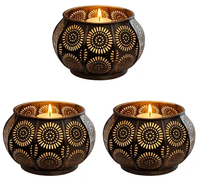 Immagine prodotto di Marrakech: portacandeline rotondo in metallo in stile scandinavo, 12 cm, nero e oro | Lanterna Sabah come decorazione da tavolo per il soggiorno in primavera | Portacandeline moderni per candeline da tè come decorazione