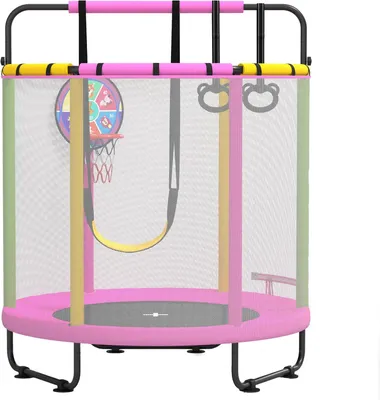 Imagen del producto de Trampolín para niños, trampolín ajustable para bebés y niños pequeños con aro de baloncesto, trampolines para niños pequeños aptos para uso en interiores y exteriores, ideales para regalos de cumpleaños