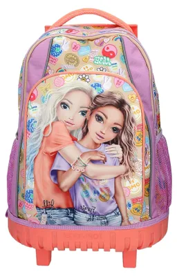 Produktbild von TOPModel Girl Power - Schulrucksack Trolley in Lila und Beige, mit Model Motiv und bunten Patches, Schultasche mit Teleskopgriff und Rollen