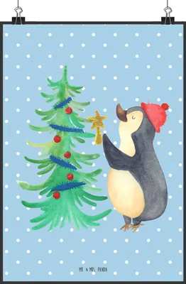 Produktbild von Mr. & Mrs. Panda Poster Pinguin Weihnachtsbaum DIN A2 - Blau Pastell - Geschenk, Weihnachten, Deko Bild, Winter, Kunstdruck, drucke, Wandbild, wanddeko