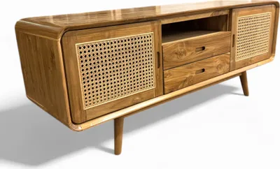 Obrázek produktu pro Ratanová TV lavice - TV komoda - se dvěma zásuvkami a třemi policemi - masivní teakové dřevo - 60x150x45 cm