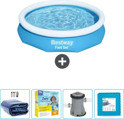 Produktbild von Bestway runder aufblasbarer Fast-Set-Pool – 305 x 66 cm – Blau – im Lieferumfang enthalten Sonnensegel - Wartungspaket - Pumpe - Bodenfliesen