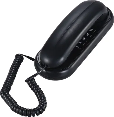 A black corded telephone is shown against a white background.
