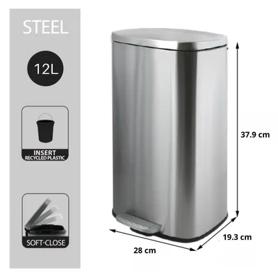 A stainless steel trash can with dimensions and feature callouts.