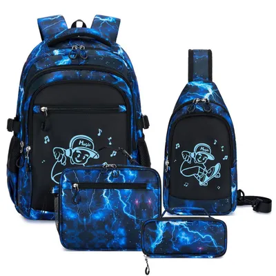 Productafbeelding van Schoolrugzakset, 4-delig, voor jongens en tieners, blauw, met skateboardmotief, geschikt vanaf groep 3