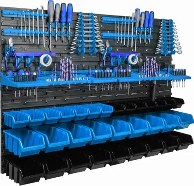 A wall-mounted tool organizer with various tools and storage bins.