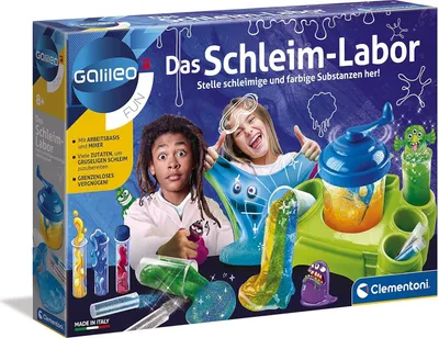 The image shows the packaging of a science experiment kit for making slime, featuring children and colorful slime creations.