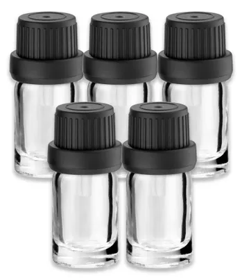 Produktbild von 5x Klarglasflasche 5 ml mit schwarzem Tropfer Tropfeinsatz Fläschchen