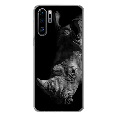 Produktbild von MuchoWow® Handyhülle Schutzhülle Hülle für Huawei P30 Pro Nahaufnahme eines Nashorns auf schwarzem Hintergrund Silikon Softcase Handy Hülle - Schutzdeckel