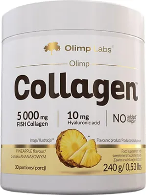 A product shot of a container of Olimp Collagen powder with pineapple flavor.