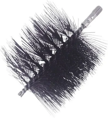 A black chimney brush with a silver metal threaded end, isolated on a white background.