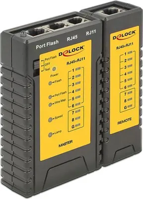Zdjęcie produktu dla DeLOCK 86407, Tester kabli skrętakowych, RJ-12, RJ-45, Test transmisyjny, Czarny, 9 V, 96 mm