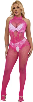 Zdjęcie produktu dla Subblime - 952389 Siateczkowe i koronkowe bodystocking bez krocza z wysokim dekoltem, różowe, jeden rozmiar ö ß e