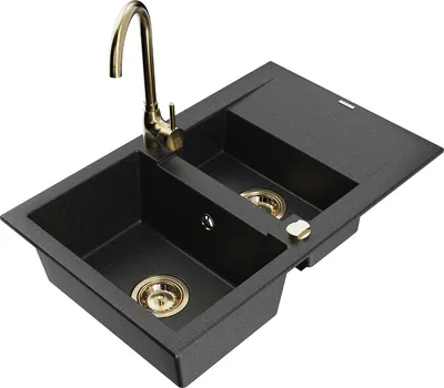 Image de Mexen Gaspar évier en granit 1,5 bac avec égouttoir et mitigeur Telma, Noir/Argent - 6507-73-670200-50
