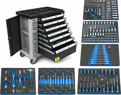 Obrázok produktu pre Profesionálna skrinka - dielenský vozík s náradím, so 7 zásuvkami, 245ks náradia, 6 vložiek carbon - HBM Holandsko, premium